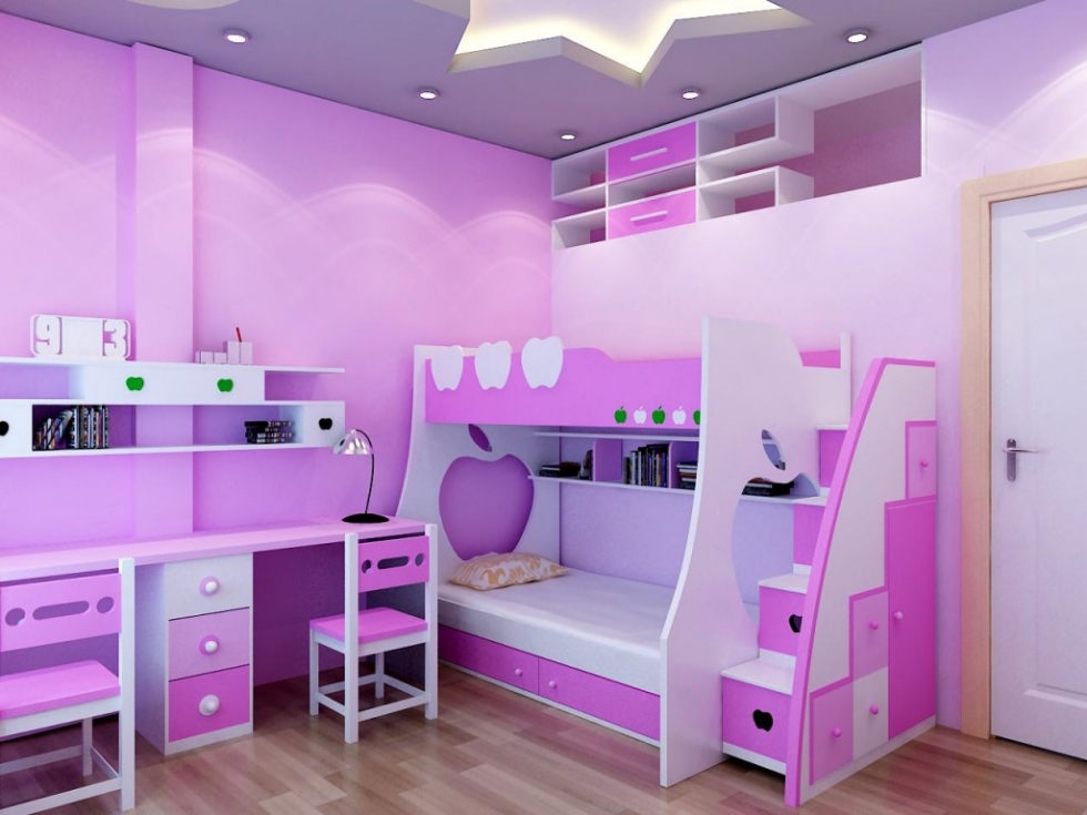 Giường tầng và bàn học màu tím cũng là một sự kết hợp hoàn hảo trong phòng ngủ bé gái