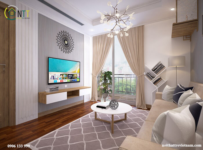 Phòng khách trong mẫu thiết kế nội thất chung cư hiện đại không gian gọn gàng