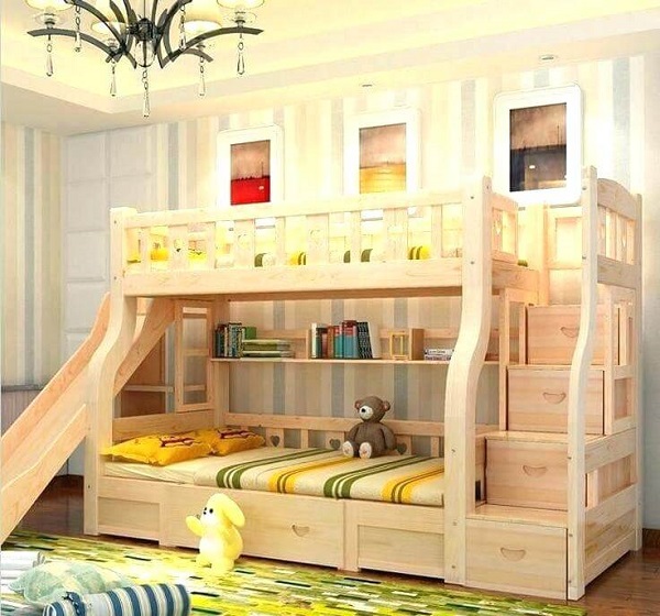 Mẫu 29 -  Mẫu giường gỗ nhỏ có nhiều ngăn tủ chứa đồ và cầu trượt