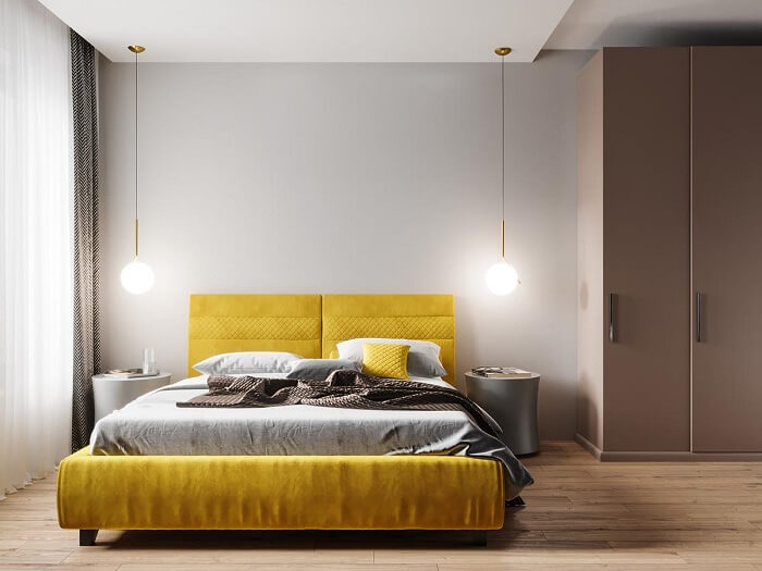 Phòng ngủ thứ hai vẫn là lối trang trí tối giản nhưng sự kết hợp màu sắc một cách xuất sắc khiến mẫu thiết kế trở nên ấn tượng