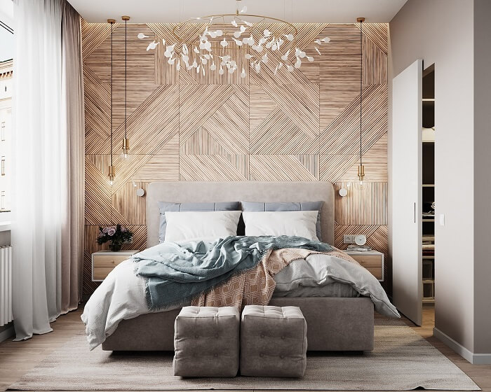 phòng ngủ độc đáo với phần tường đầu giường trang trí rất công phu