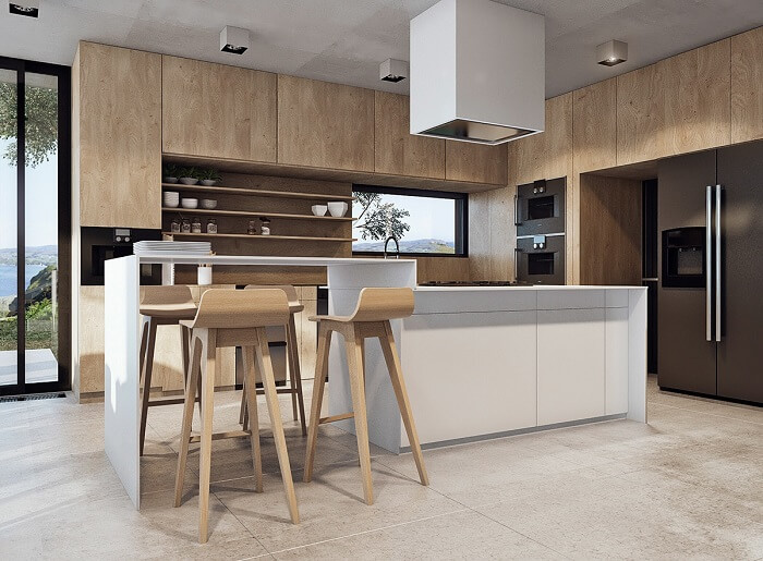 phòng bếp màu gỗ kết hợp màu trắng vô cùng bắt mắt