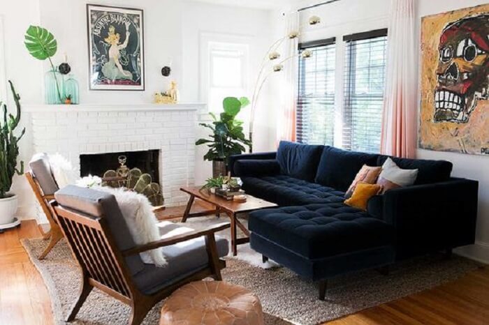 phòng khách vintage sử dụng sofa màu xanh