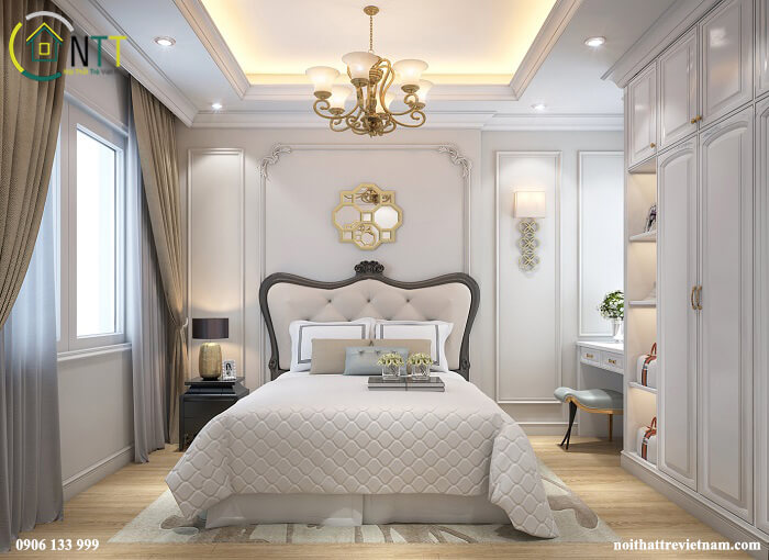 Phòng ngủ sang trọng với nội thất gỗ sơn mất vân màu trắng, đen