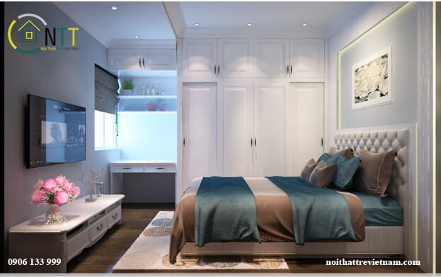 Phòng ngủ được thiết kế sang trọng đẹp mắt với gam màu trắng - xanh​