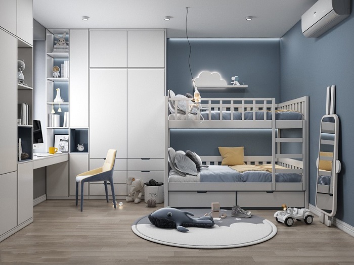 Giường tầng cho bé trai và gái vị vua mới trong thiết kế nội thất - một phát minh tuyệt vời mà mọi trẻ em yêu thích và cho mục đích tiết kiệm diện tích