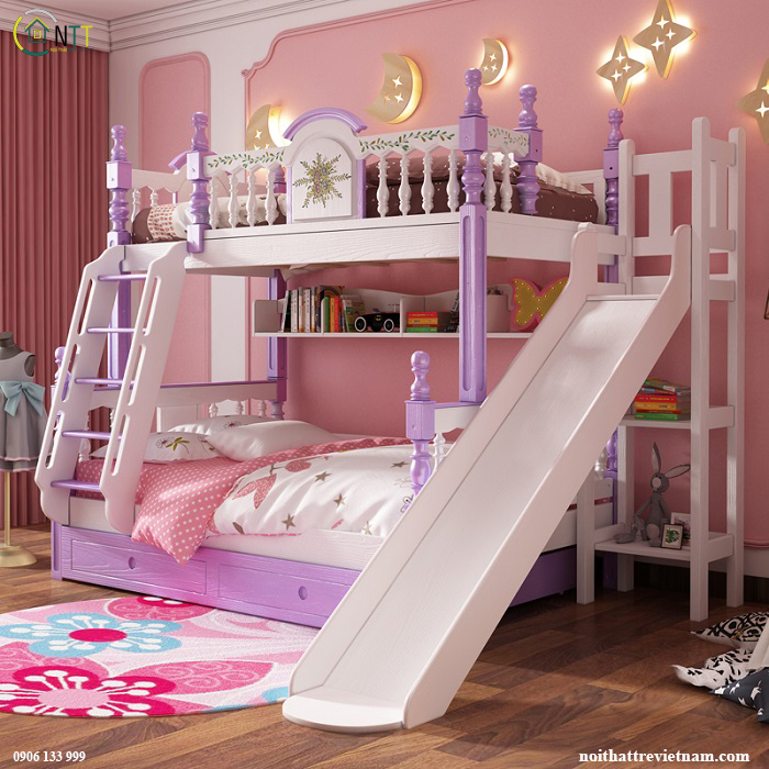 Mẫu giường màu hồng có cầu trượt và ngăn kéo đồ