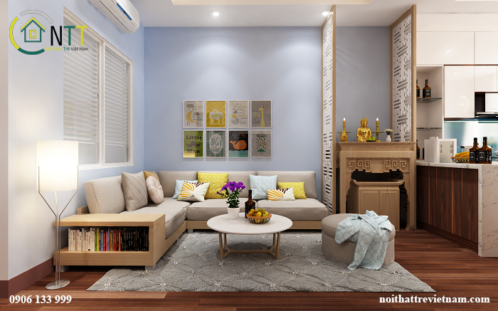 ​Sử dụng ghế gỗ phòng khách kiểu chữ L giúp tận dụng tối đa không gian