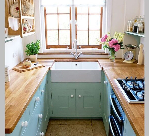 Mẫu phòng bếp nhỏ gọn: Màu xanh da trời nhẹ nhàng