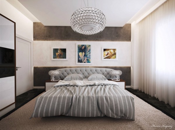 Thiết kế nội thất phòng ngủ màu trắng xám với đèn trùm hiện đại