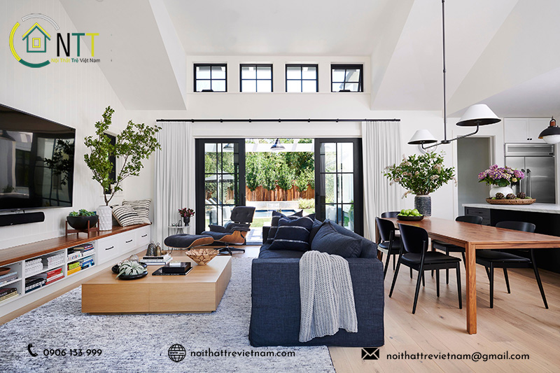 Ý tưởng thiết kế nội thất phòng khách và bếp liền kề trong nhà ống