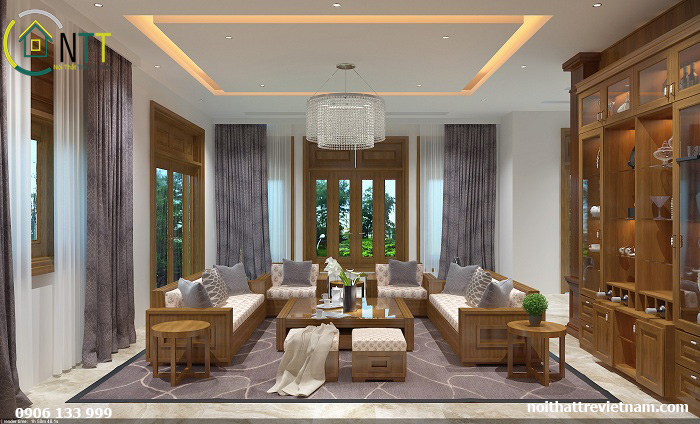 Bộ ghế gỗ phòng khách được KTS Nội Thất Trẻ thiết kế theo mong muốn của khách hàng