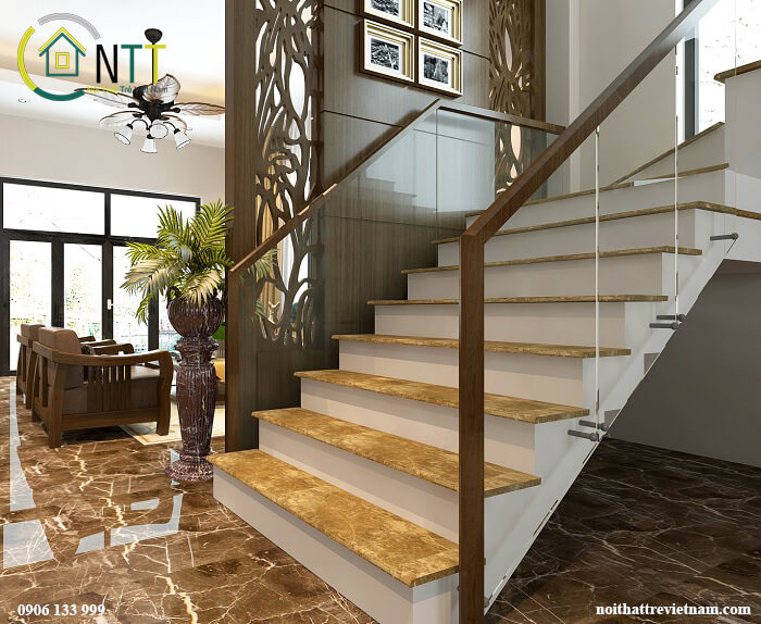 cầu thang kết hợp vách ngăn phòng khách