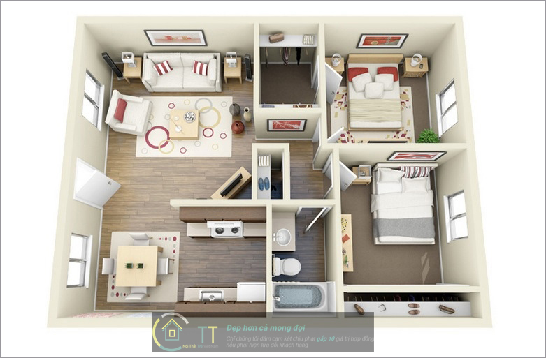 8-mau-thiet-ke-noi-that-chung-cu-2-phong-ngu 2 phòng ngủ được đưa về một khu