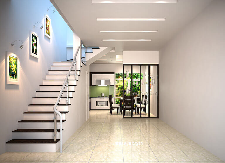 Mẫu cầu thang nhà ống 2 tầng chữ L hiện đại